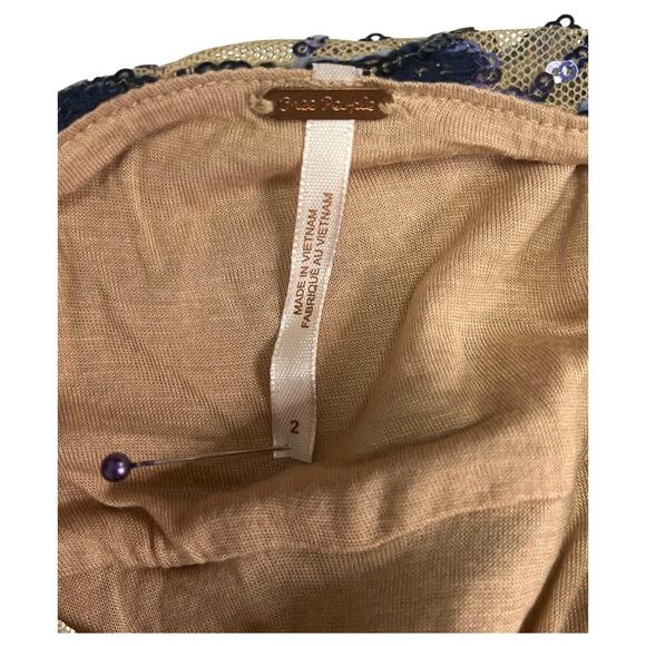 Free People Dress Womens 2 Blue Tan Sequin Mini Boho Festival Party Mesh HOCO - Picture 3 of 12